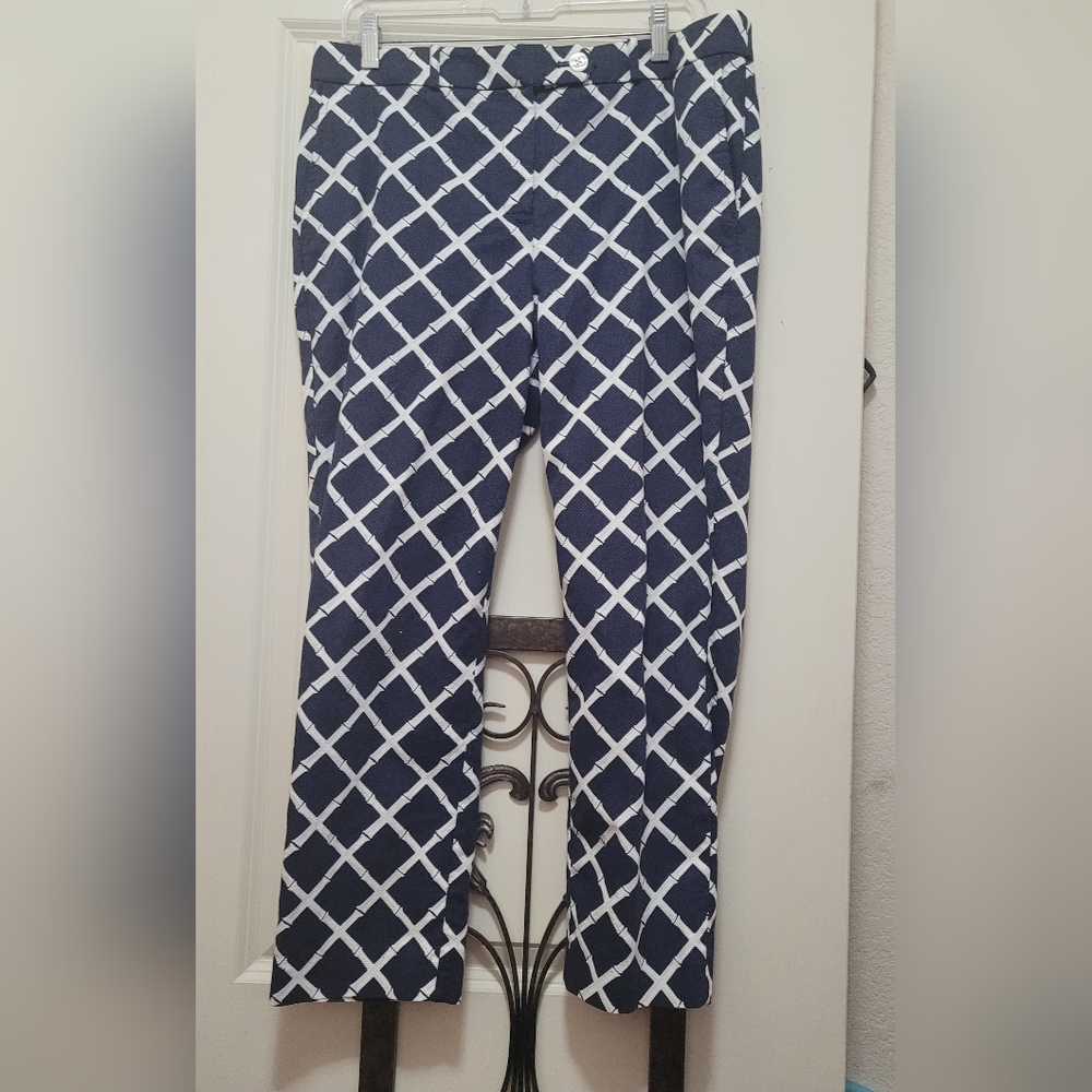 Brooks Brothers Blue and White Straight Leg Pants with Geometric Pattern